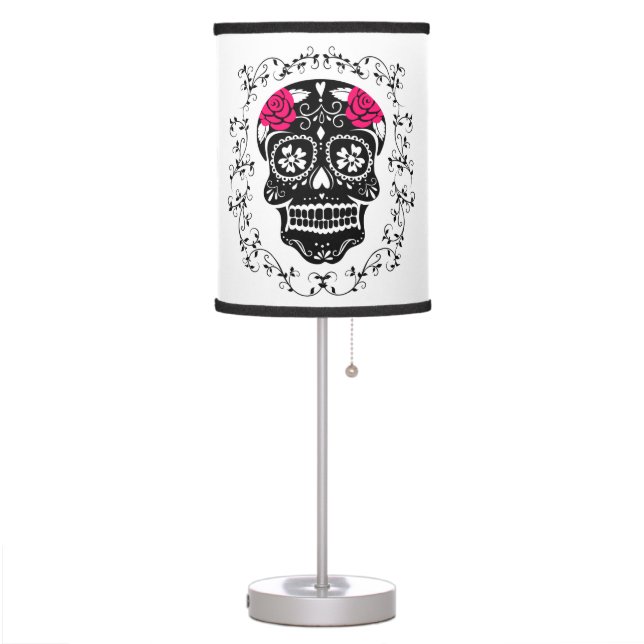 Hipster Black and Pink Sugar Skull Burlap Table Lamp (Left)