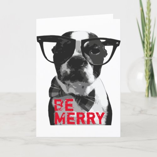 Hipster Boston Terrier Christmas Card