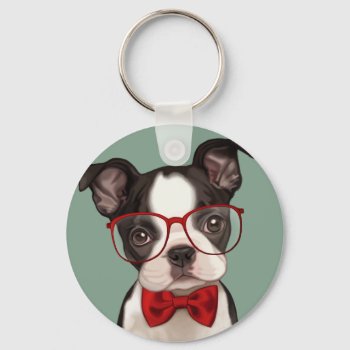 Hipster Boston Terrier Keychain by MarylineCazenave at Zazzle