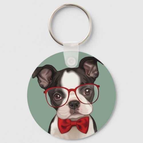 Hipster Boston Terrier Keychain