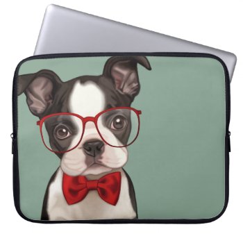 Hipster Boston Terrier Laptop Sleeve by MarylineCazenave at Zazzle