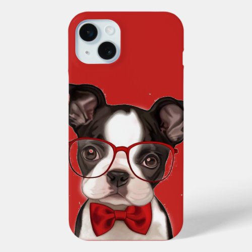 Hipster Boston Terrier Pup iPhone 15 Plus Case