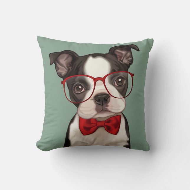 Hipster Boston Terrier Throw Pillow (Front)