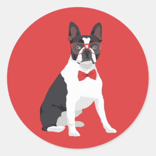 Hipster Boston Terrier with Red Glasses  Bow Tie Classic Round Sticker