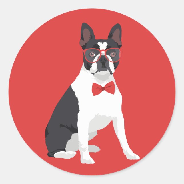 Hipster Boston Terrier with Red Glasses & Bow Tie Classic Round Sticker (Front)