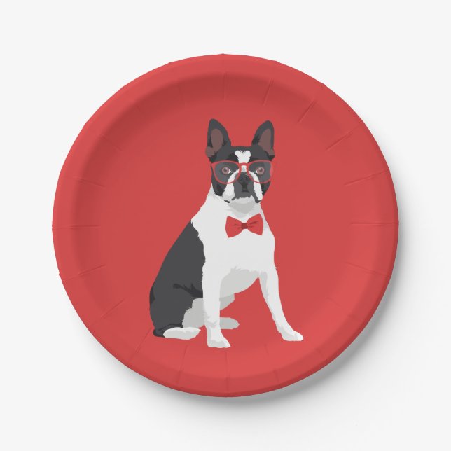 Hipster Boston Terrier with Red Glasses & Bow Tie Paper Plates (Front)