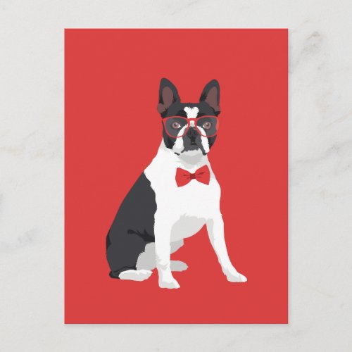 Hipster Boston Terrier with Red Glasses  Bow Tie Postcard