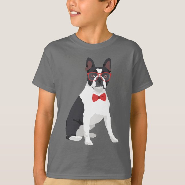 Hipster Boston Terrier with Red Glasses & Bow Tie T-Shirt (Front)
