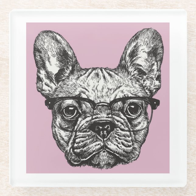 Hipster Bulldog Glass Coaster (Front)