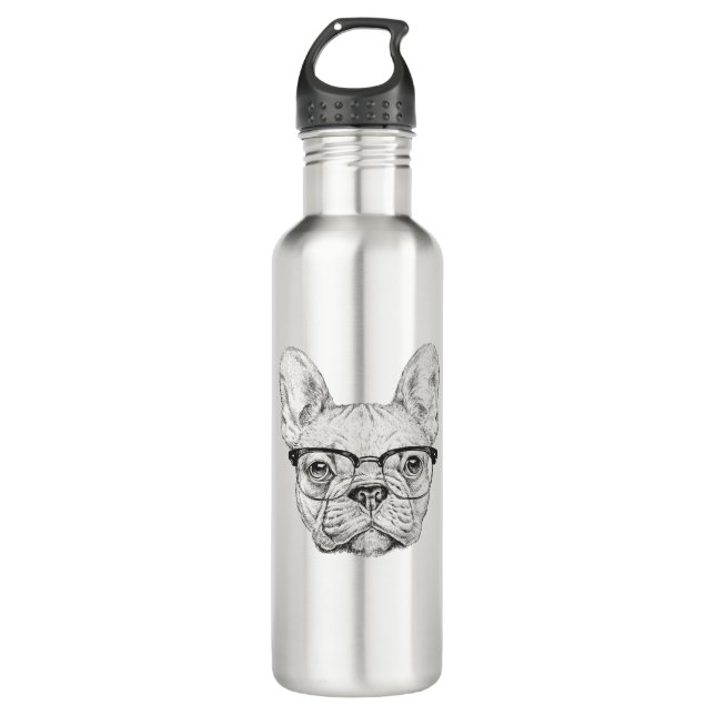 Hipster Bulldog Stainless Steel Water Bottle (Front)