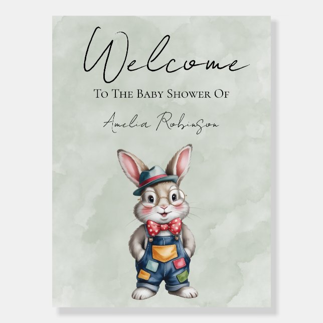 Hipster Bunny Boy Baby Shower Gift Welcome Sign  (Front)
