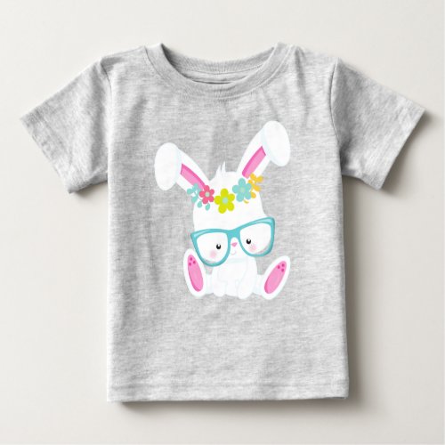 Hipster Bunny Bunny With Glasses Rabbit Flowers Baby T_Shirt