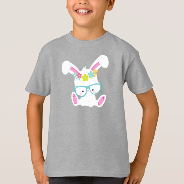 Hipster Bunny, Bunny With Glasses, Rabbit, Flowers T-Shirt (Front)