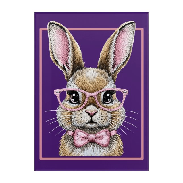 Hipster Bunny Portrait with Pink Glasses & Bow Tie Acrylic Print (Front)