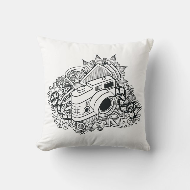 Hipster Camera Doodle Throw Pillow (Front)