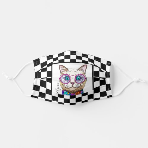 Hipster Cat on BW Checkerboard personalized Adult Cloth Face Mask