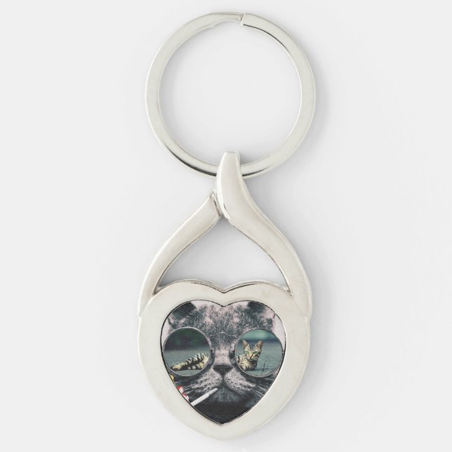 Hipster Cat Smoking Keychain (Front)