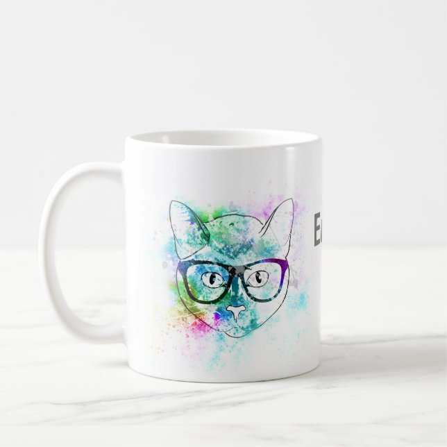 hipster cat watercolor splash to personalize coffee mug (Left)