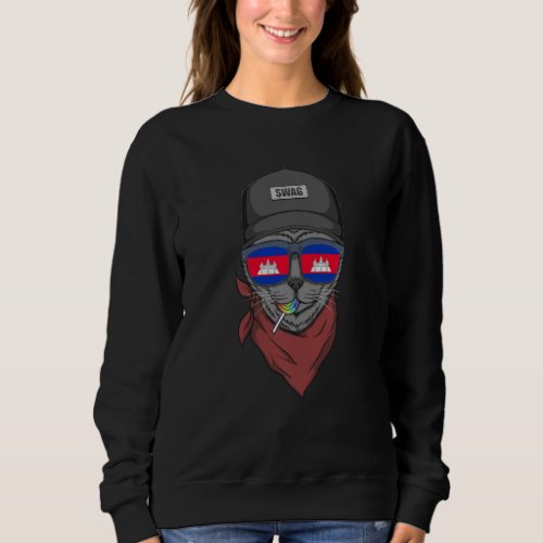Hipster Cat With Cambodian Flag Glasses Gift Sweat Sweatshirt