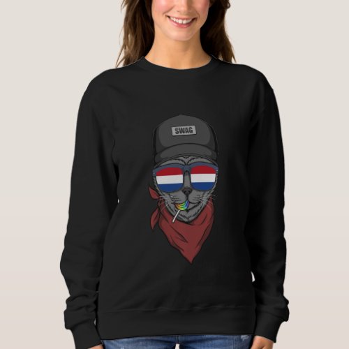 Hipster Cat With Dutch Flag Glasses Gift Long Slee Sweatshirt