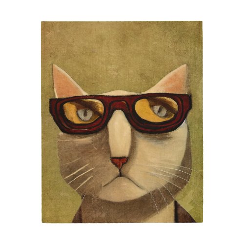 Hipster Cat With Glasses Wood Wall Art