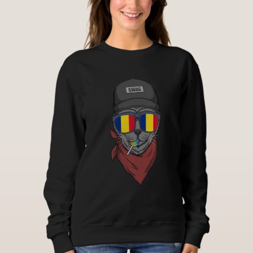 Hipster Cat With Romanian Flag Glasses Gift Sweats Sweatshirt