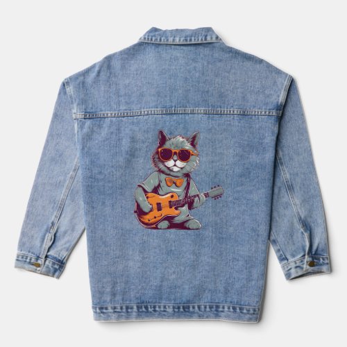 Hipster Cat With Shades Kitty Playing Guitar  Denim Jacket