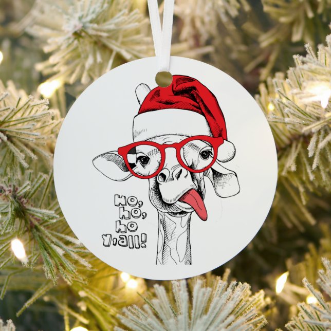 Hipster Christmas Cute Giraffe Ho Ho Ho Y'all Metal Ornament (Insitu)
