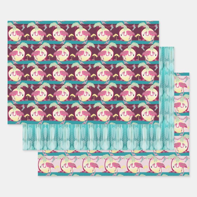 Hipster Christmas Flamingo Palm Holiday Scene Wrapping Paper Sheets (Set)