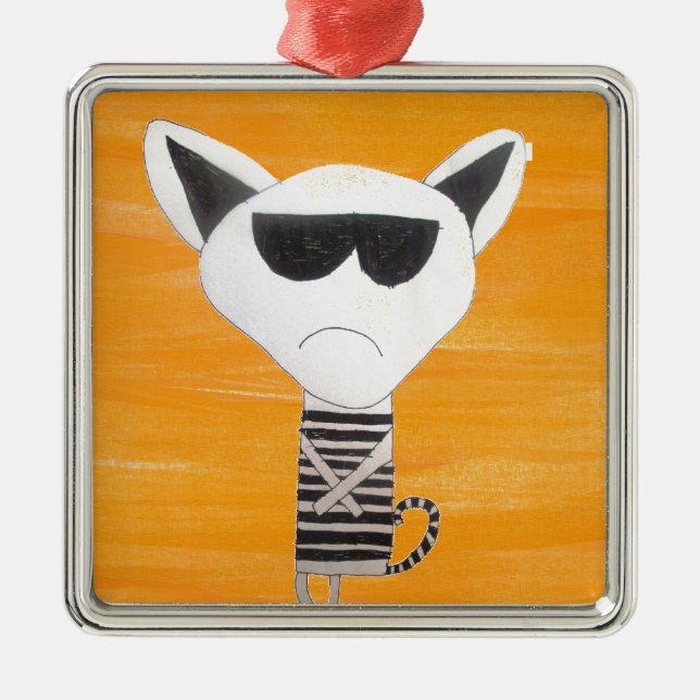 Hipster cool cartoon cat metal ornament (Front)