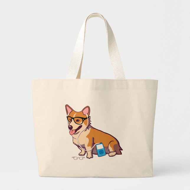 Hipster Corgi (without text) Large Tote Bag (Front)