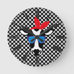 Hipster Cow on Checkerboard Round Clock