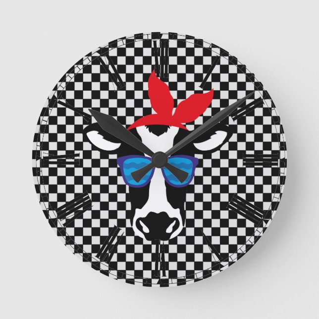 Hipster Cow on Checkerboard Round Clock (Front)
