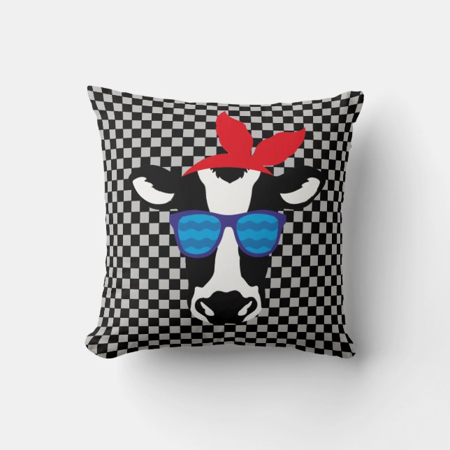 Hipster Cow on Checkerboard Throw Pillow (Front)