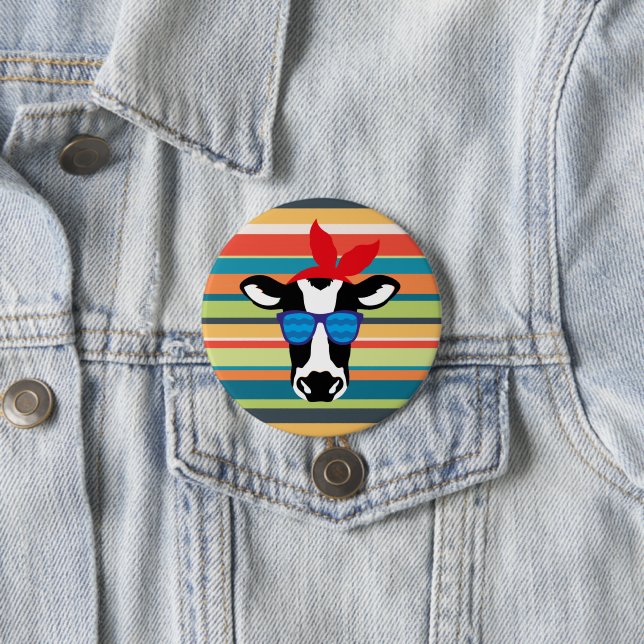 Hipster Cow on Stripes Button (In Situ)