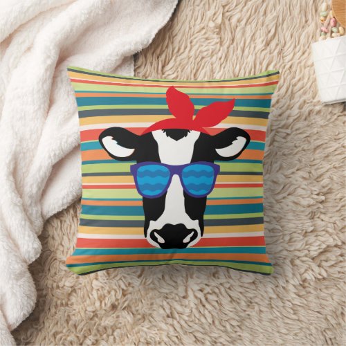 Hipster Cow on Stripes Throw Pillow