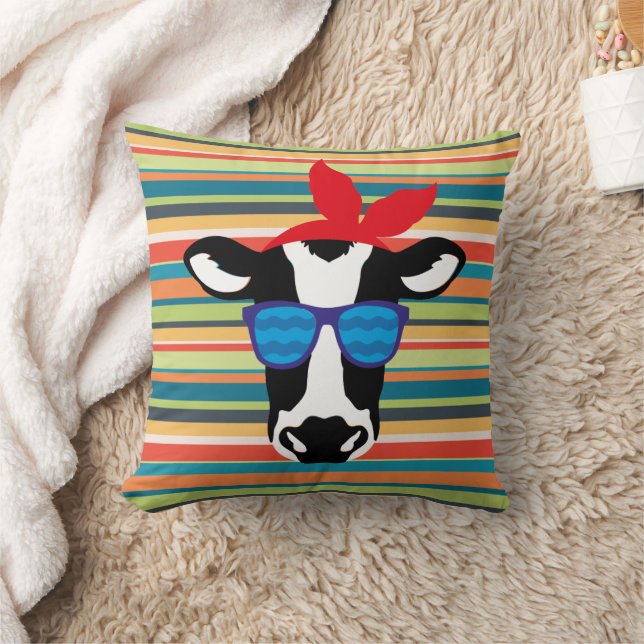 Hipster Cow on Stripes Throw Pillow (Blanket)