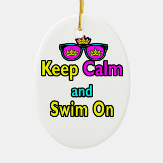 Hipster Crown Sunglasses Keep Calm And Swim On Ceramic Ornament