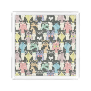 Hipster Cute Cats Pattern Acrylic Tray