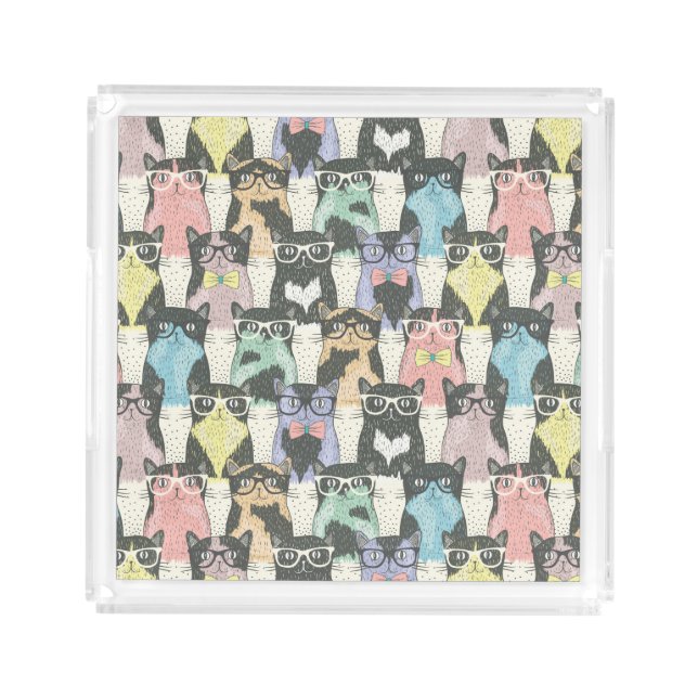 Hipster Cute Cats Pattern Acrylic Tray (Front)