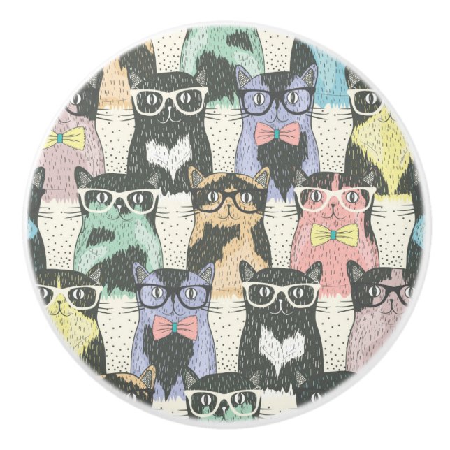 Hipster Cute Cats Pattern Ceramic Knob (Front)