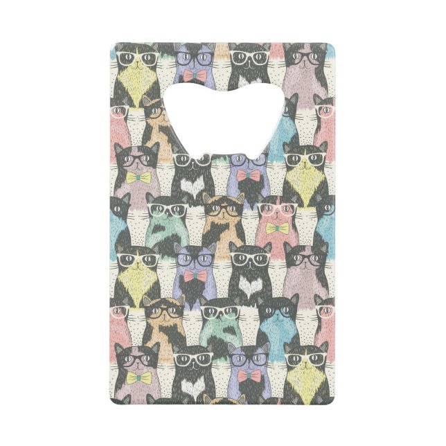 Hipster Cute Cats Pattern Credit Card Bottle Opener (Front)