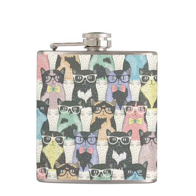 Hipster Cute Cats Pattern Flask (Front)