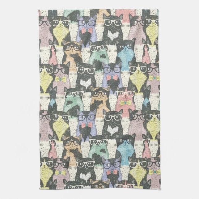 Hipster Cute Cats Pattern Kitchen Towel (Vertical)