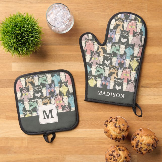 Hipster Cute Cats Pattern Oven Mitt & Pot Holder Set (Top Down)