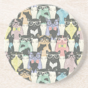 Hipster Cute Cats Pattern Sandstone Coaster