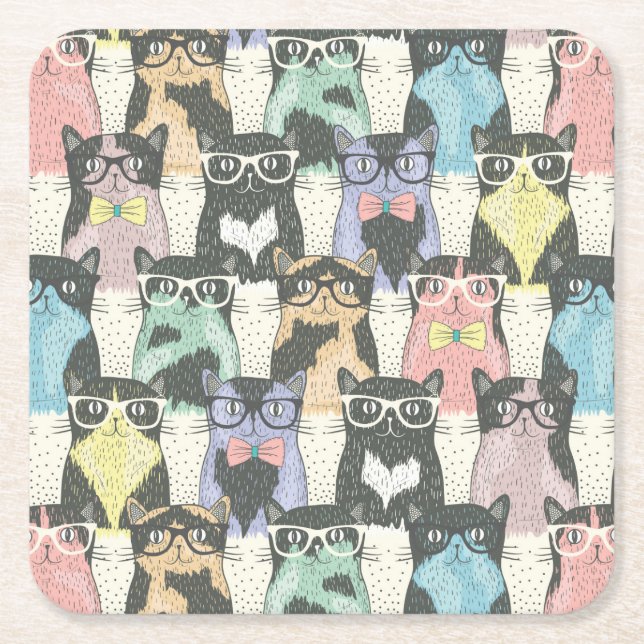 Hipster Cute Cats Pattern Square Paper Coaster (Front)