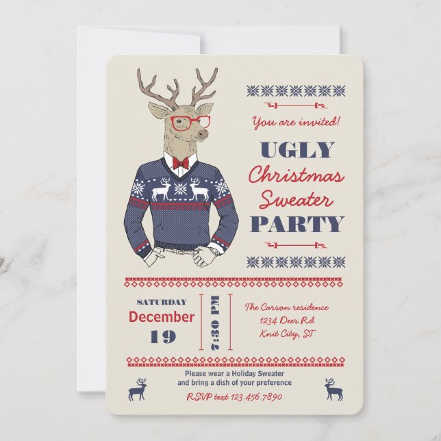 Hipster Deer Ugly Christmas Sweater Invitation (Front)