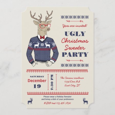 Hipster Deer Ugly Christmas Sweater Invitation