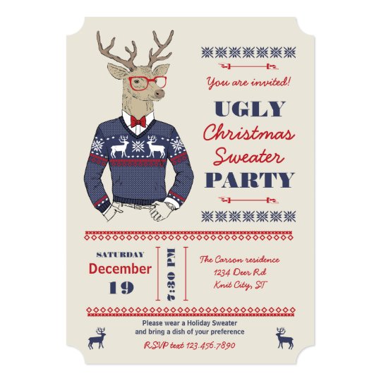 Hipster Deer Ugly Christmas Sweater Invitation | Zazzle.com